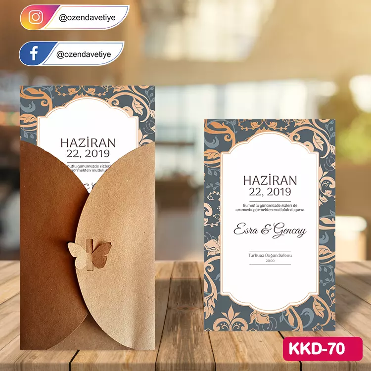 ozen-davetiye-Düğün Davetiyesi - Kelebekli Kraft Zarflı Davetiye Model No:70